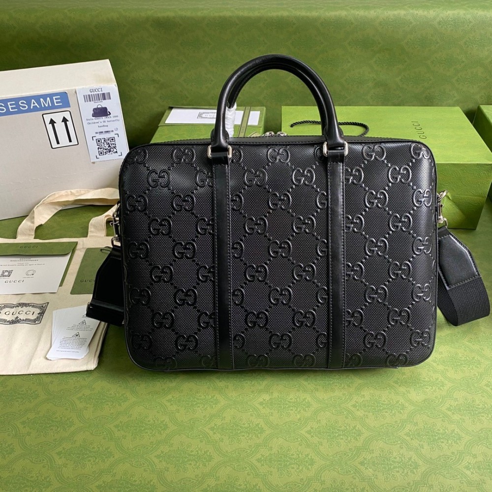 Gucci Medium Briefcase Bag in Black GG Embossed Leather