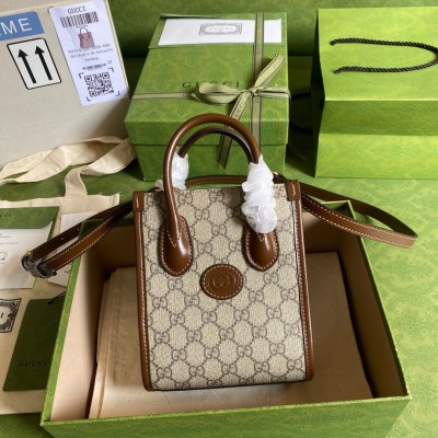 Gucci Mini Tote Bag in Beige GG Supreme Canvas with Brown Leather