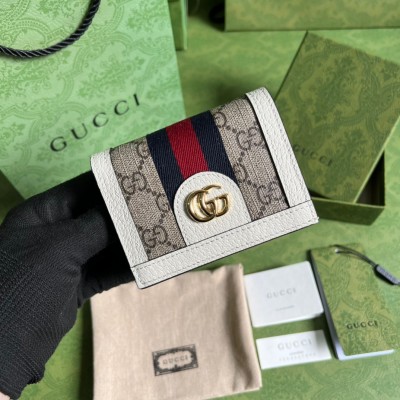 Gucci Ophidia Card Case Wallet in Beige Canvas with White Leather