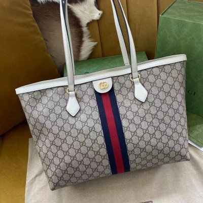 Gucci Ophidia GG Medium Tote Bag in GG Canvas with White Leather