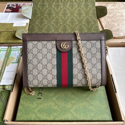 Gucci Ophidia GG Small Chain Bag in GG Canvas with Brown Leather