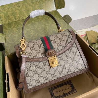 Gucci Ophidia GG Small Top Handle Bag in GG Canvas with Brown Leather