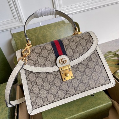 Gucci Ophidia GG Small Top Handle Bag in GG Canvas with White Leather