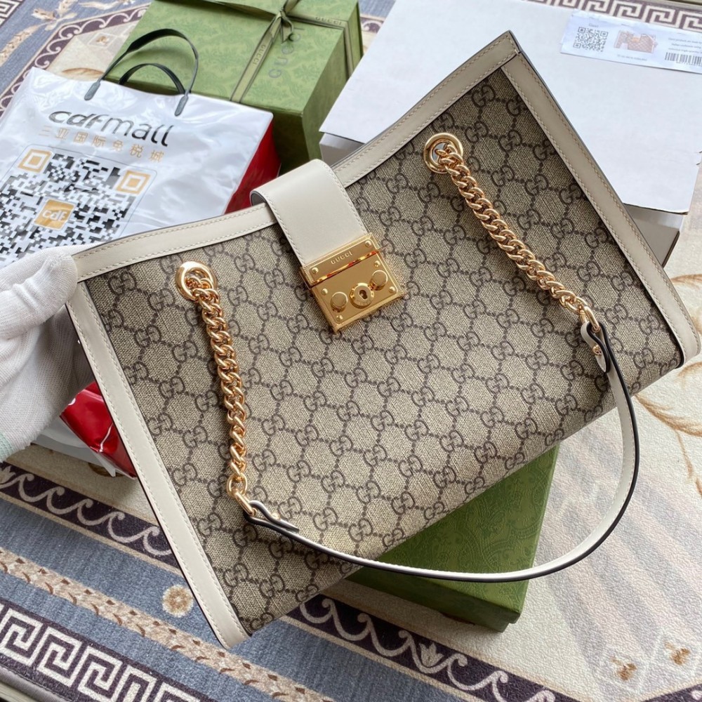 Gucci Padlock Medium Shoulder Bag in GG Canvas with White Leather