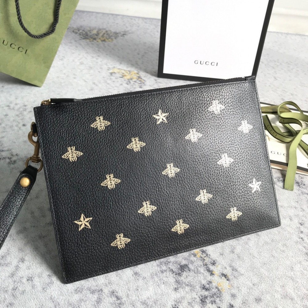 Gucci Portfolio Pouch in Black Leather with Bee and Star