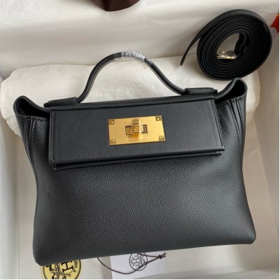 Hermes 24/24 Mini 21 Handmade Bag in Black Evercolor Leather LDBS241411