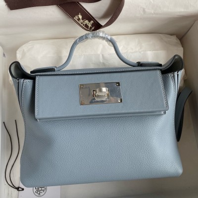 Hermes 24/24 Mini 21 Handmade Bag in Blue Lin Evercolor Leather LDBS241412