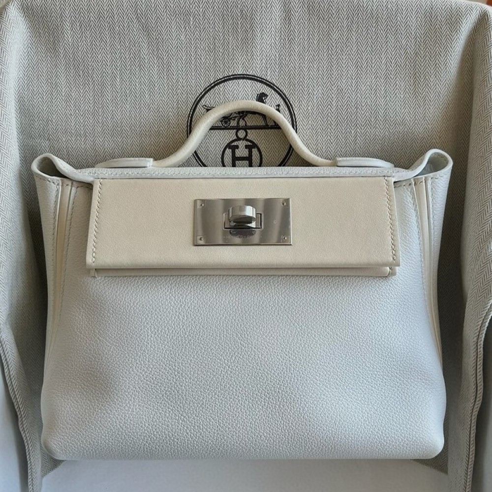 Hermes 24/24 Mini 21 Handmade Bag in White Evercolor Leather LDBS241419