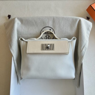 Hermes 24/24 Mini 21 Handmade Bag in White Evercolor Leather LDBS241419