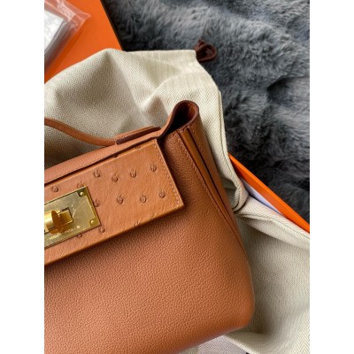 Hermes 24/24 Mini 21 Touch Bag in Gold Evercolor and Ostrich Leather LDBS241420