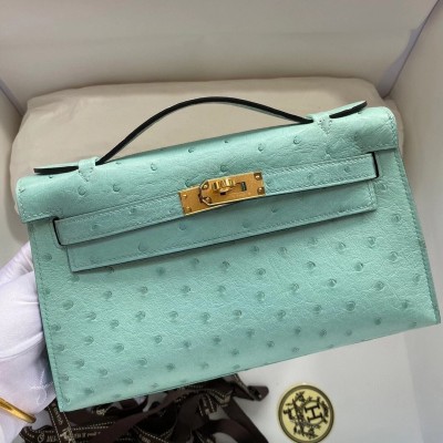 Hermes Aqua Kelly Pochette Ostrich Handmade Bag LDBS241424