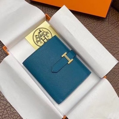 Hermes Bearn Compact Wallet In Blue Izmir Epsom Leather LDBS241444