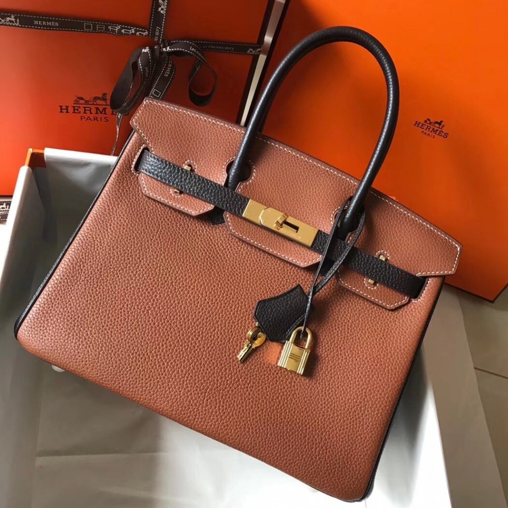 Hermes Bi-Color Birkin 30cm Bag In Brown/Black Clemence Leather LDBS241477