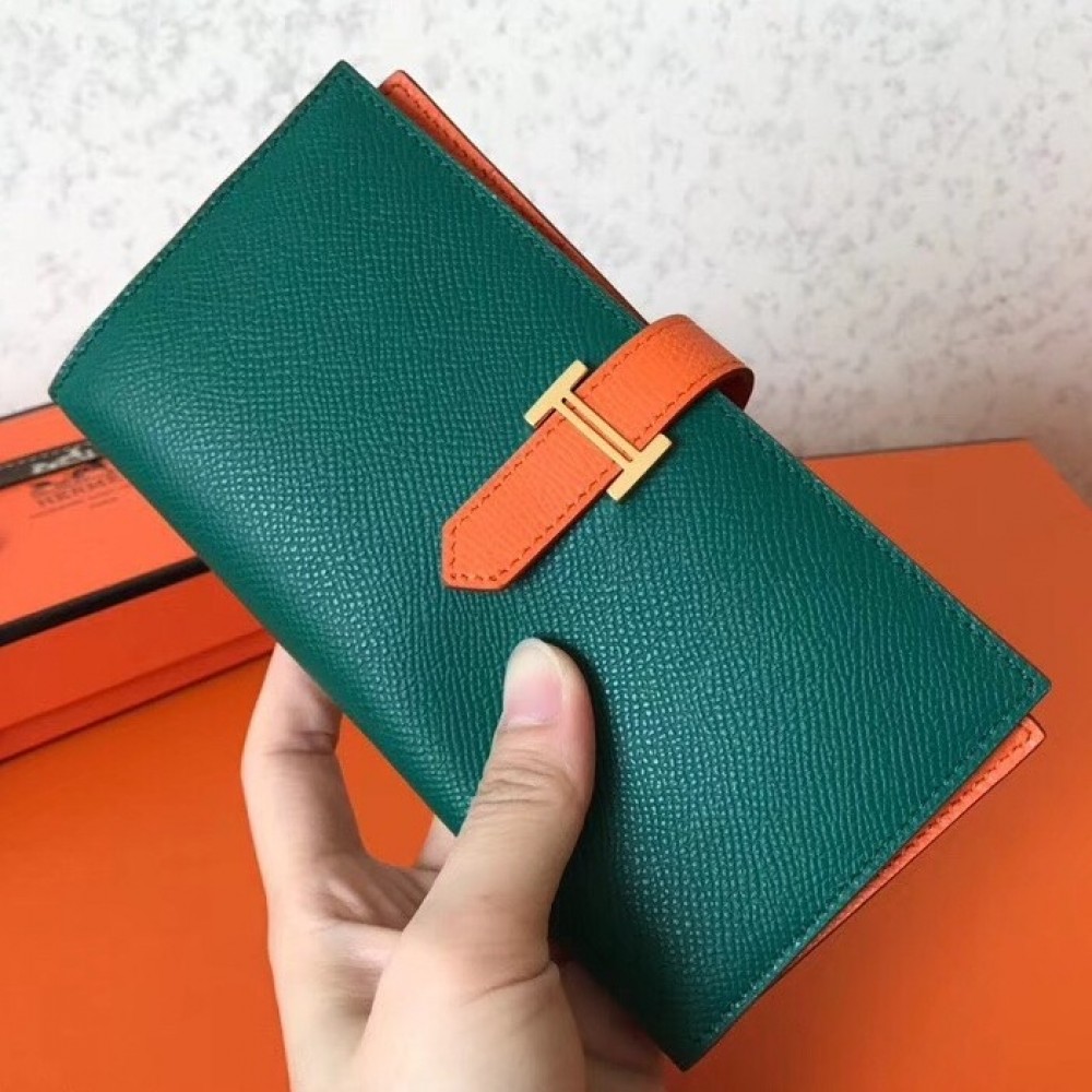 Hermes Bi-Color Epsom Bearn Wallet Malachite/Orange LDBS241490