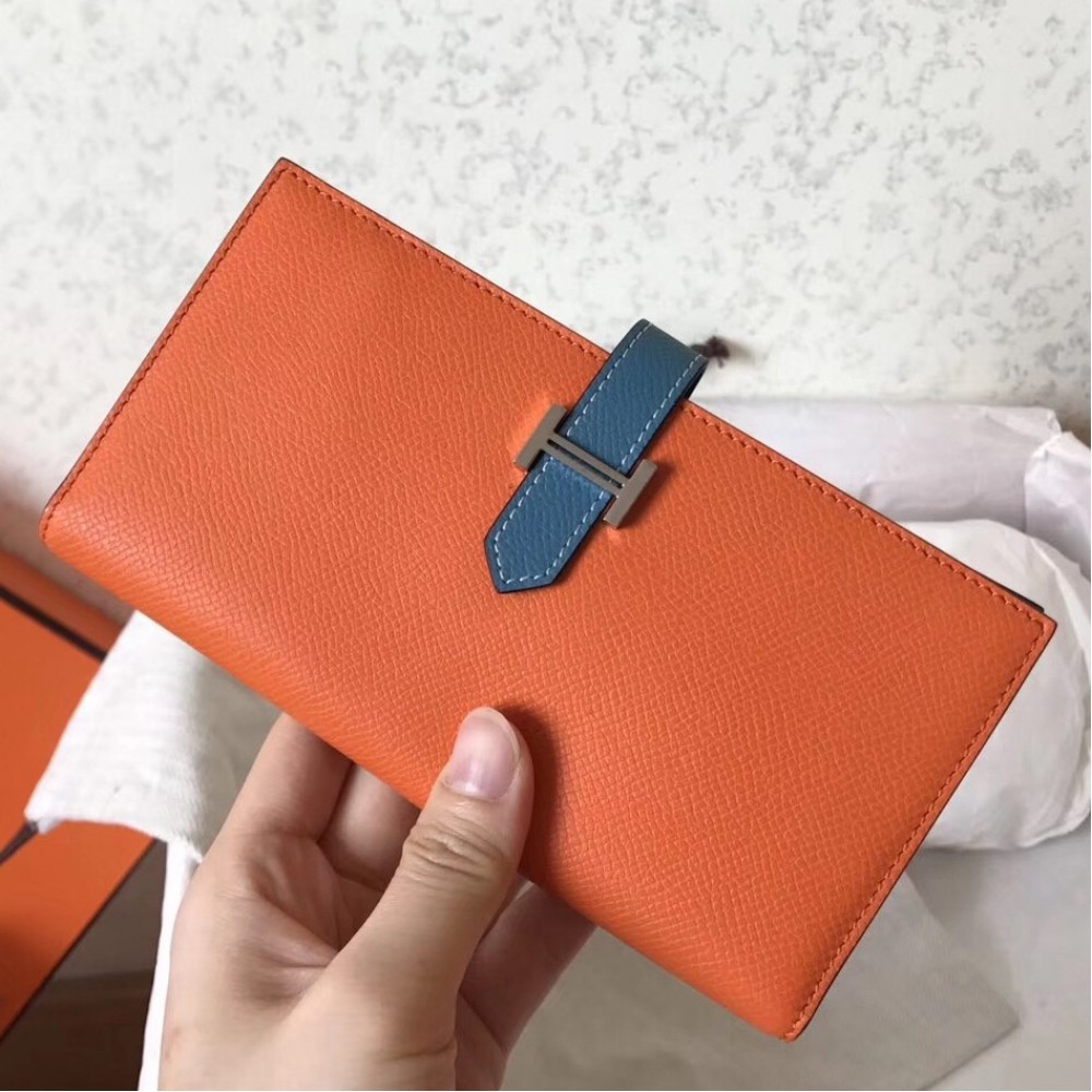 Hermes Bi-Color Epsom Bearn Wallet Orange/Blue Jean LDBS241491