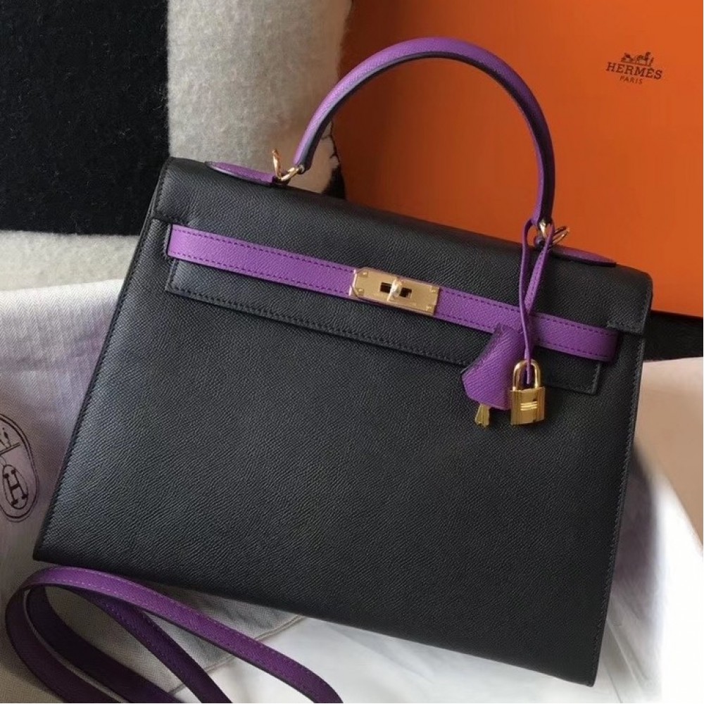 Hermes Bi-color Kelly 32cm Epsom Bag Black/Purple GHW LDBS241501