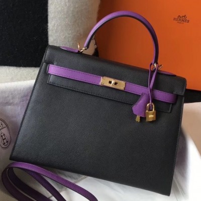 Hermes Bi-color Kelly 32cm Epsom Bag Black/Purple GHW LDBS241501