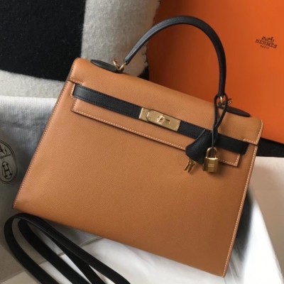 Hermes Bi-color Kelly 32cm Epsom Bag Gold/Black GHW LDBS241502