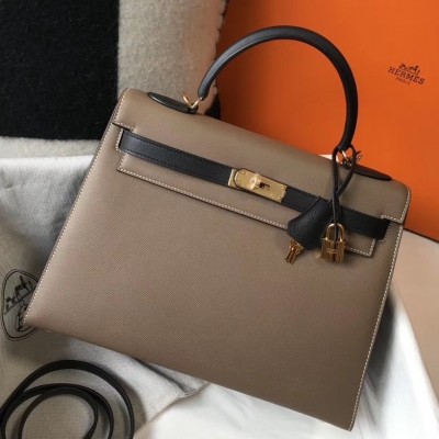 Hermes Bi-color Kelly 32cm Epsom Bag Taupe/Black GHW LDBS241504