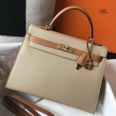 Hermes Bi-color Kelly 32cm Epsom Bag Tourterelle/Gold GHW LDBS241505