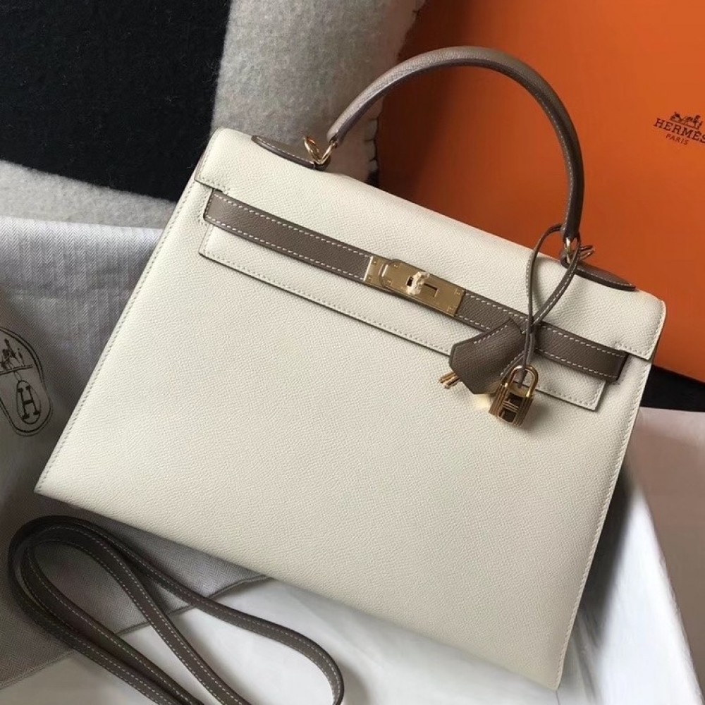 Hermes Bi-color Kelly 32cm Epsom Bag White/Taupe GHW LDBS241506