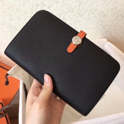 Hermes Bicolor Dogon Duo Wallet In Black/Orange Leather LDBS241479