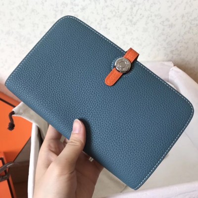 Hermes Bicolor Dogon Duo Wallet In Jean/Orange Leather LDBS241483