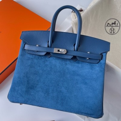 Hermes Birkin 25 Grizzly Bag in Blue Veau Doblis and Swift Leather LDBS241542