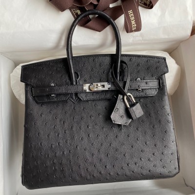 Hermes Birkin 25 Retourne Handmade Bag In Black Ostrich Leather LDBS241560