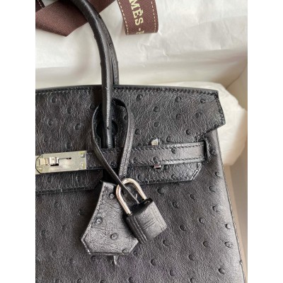 Hermes Birkin 25 Retourne Handmade Bag In Black Ostrich Leather LDBS241560