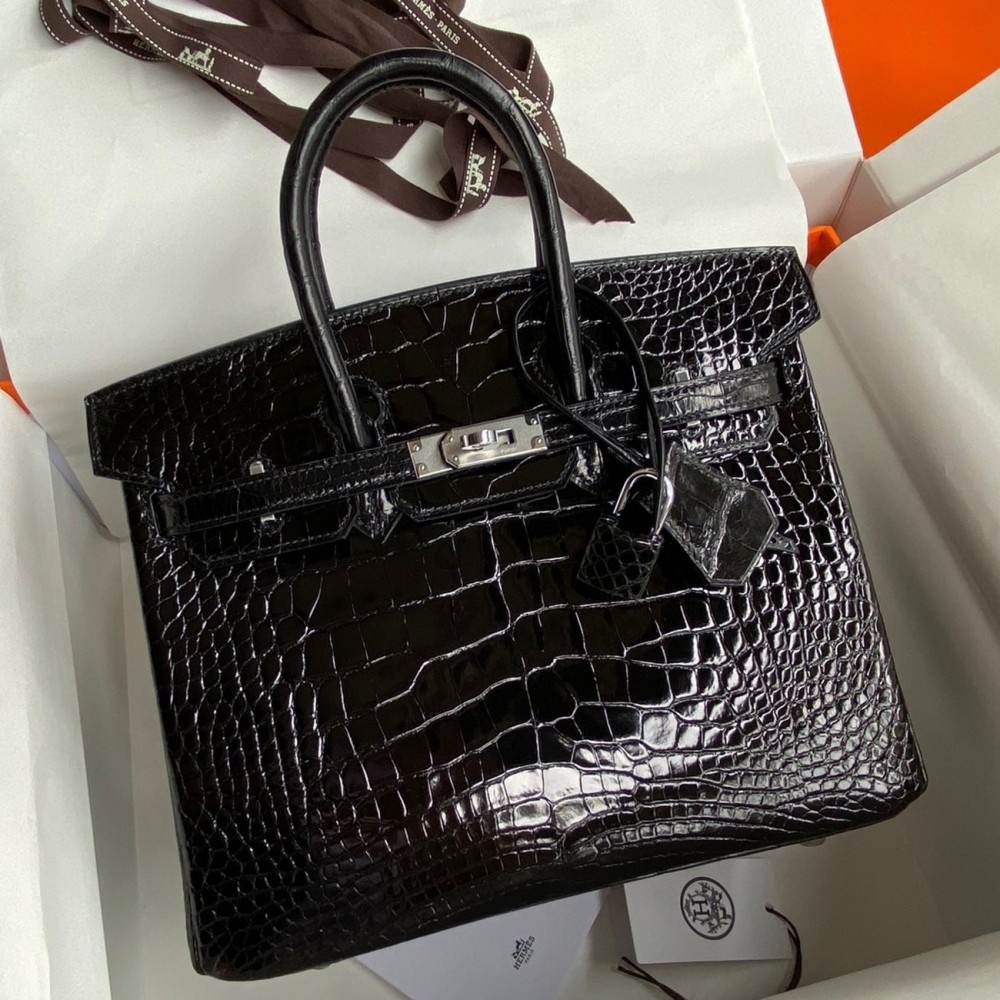 Hermes Birkin 25 Retourne Handmade Bag In Black Shiny Alligator Leather LDBS241561