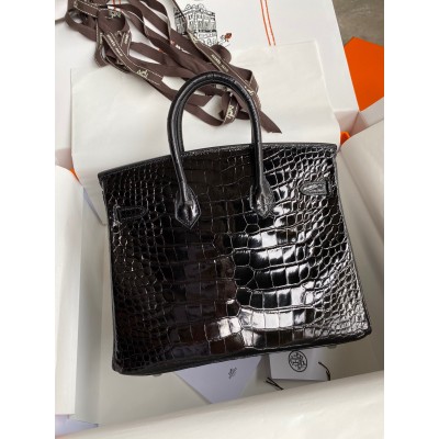 Hermes Birkin 25 Retourne Handmade Bag In Black Shiny Alligator Leather LDBS241561