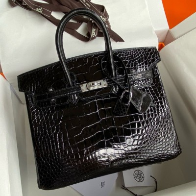 Hermes Birkin 25 Retourne Handmade Bag In Black Shiny Alligator Leather LDBS241562