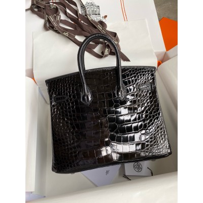 Hermes Birkin 25 Retourne Handmade Bag In Black Shiny Alligator Leather LDBS241562