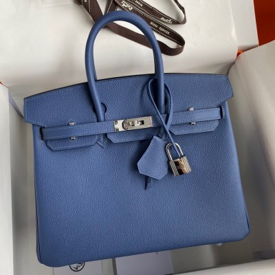 Hermes Birkin 25 Retourne Handmade Bag In Blue Agate Epsom Calfskin LDBS241563