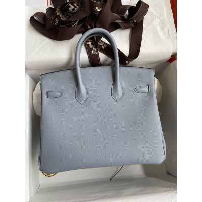 Hermes Birkin 25 Retourne Handmade Bag In Blue Lin Clemence Leather LDBS241566