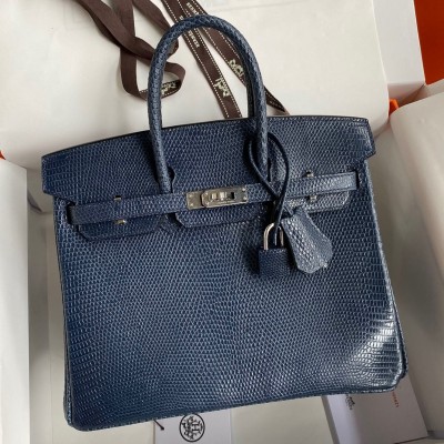 Hermes Birkin 25 Retourne Handmade Bag In Blue Saphir Lizard Leather LDBS241568