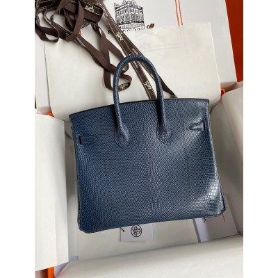 Hermes Birkin 25 Retourne Handmade Bag In Blue Saphir Lizard Leather LDBS241568