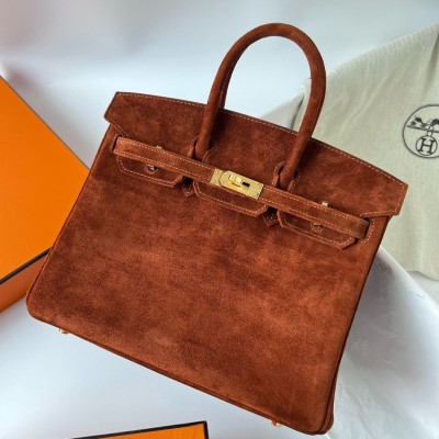 Hermes Birkin 25 Retourne Handmade Bag In Brown Doblis Suede Leather LDBS241569