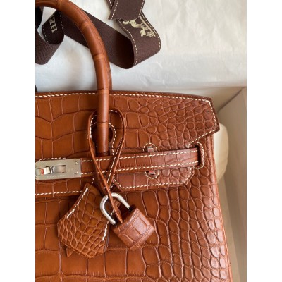 Hermes Birkin 25 Retourne Handmade Bag In Gold Matte Alligator Leather LDBS241572