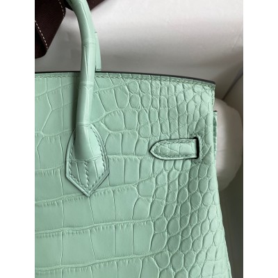 Hermes Birkin 25 Retourne Handmade Bag In Vert D'eau Matte Alligator Leather LDBS241593