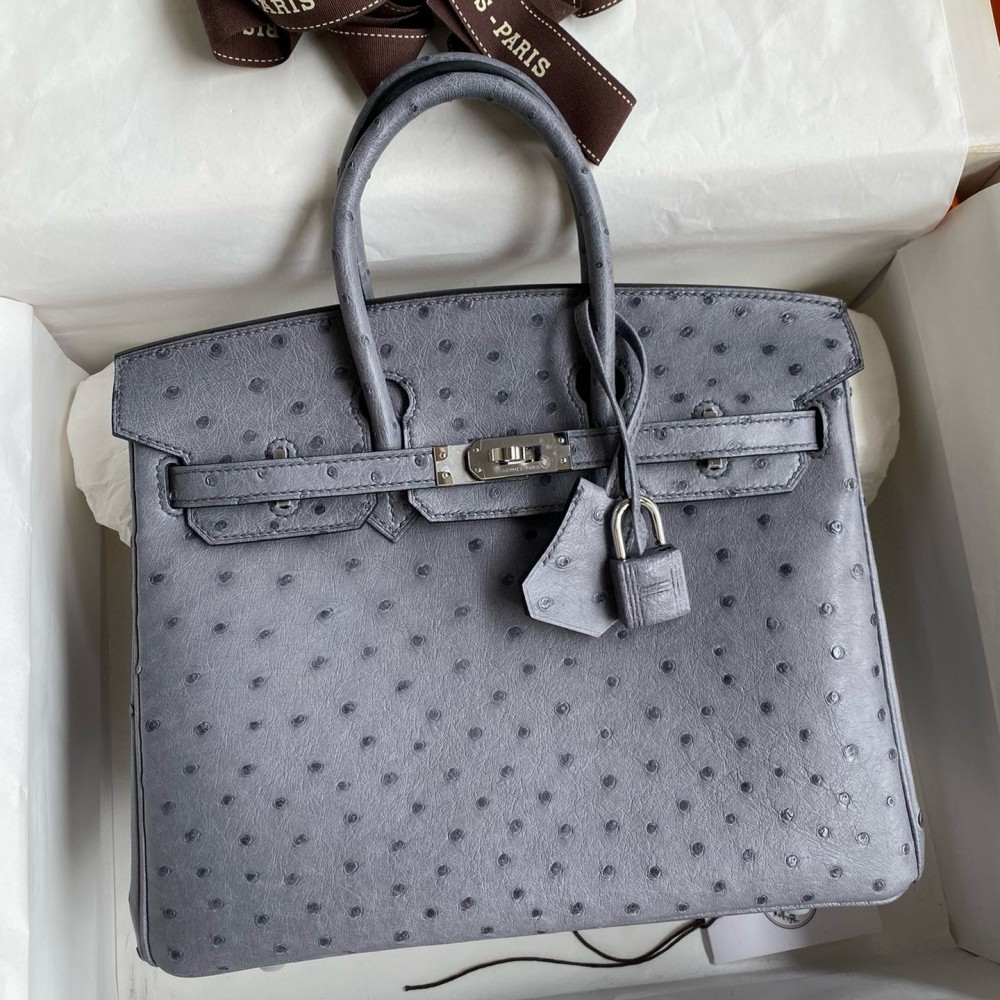 Hermes Birkin 25 Retourne Handmade Bag in Gris Agate Ostrich Leather LDBS241574