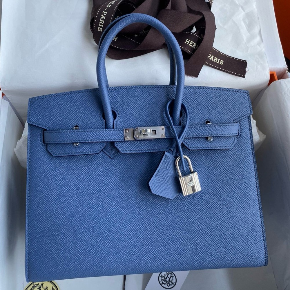 Hermes Birkin 25 Sellier Handmade Bag in Blue Brighton Epsom Calfskin LDBS241600