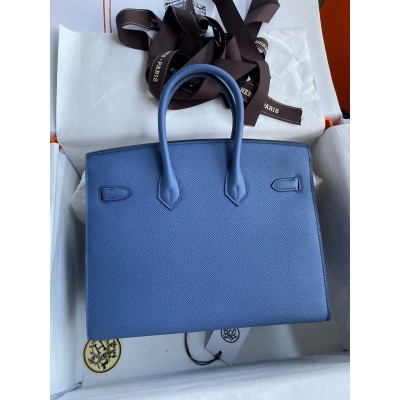 Hermes Birkin 25 Sellier Handmade Bag in Blue Brighton Epsom Calfskin LDBS241600