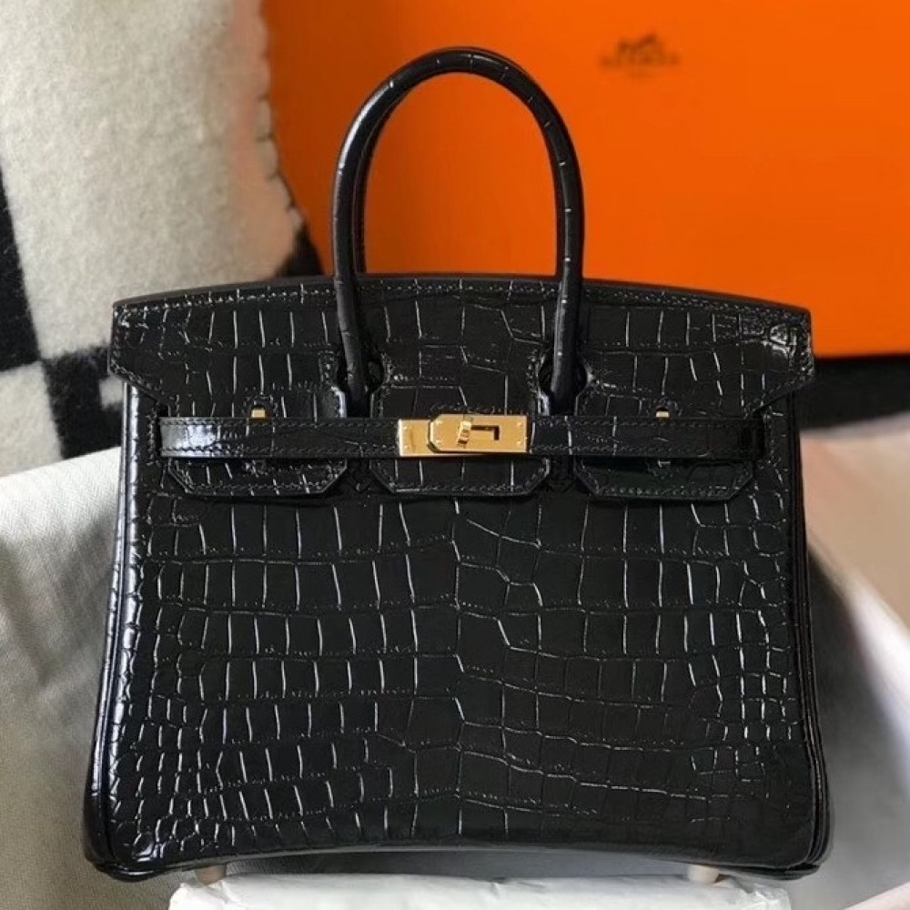 Hermes Birkin 25cm Bag In Black Embossed Crocodile Leather LDBS241521