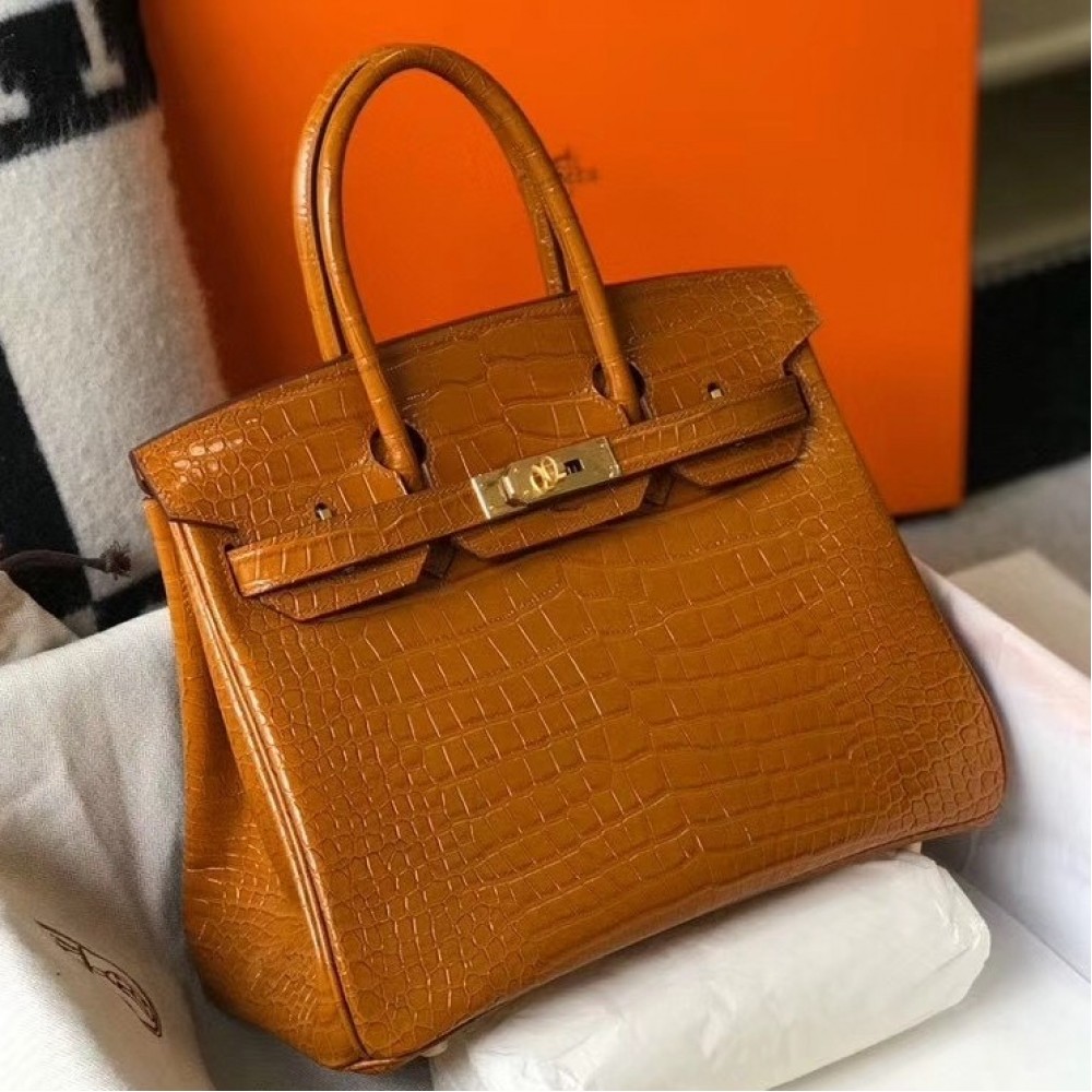 Hermes Birkin 25cm Bag In Gold Embossed Crocodile Leather LDBS241527