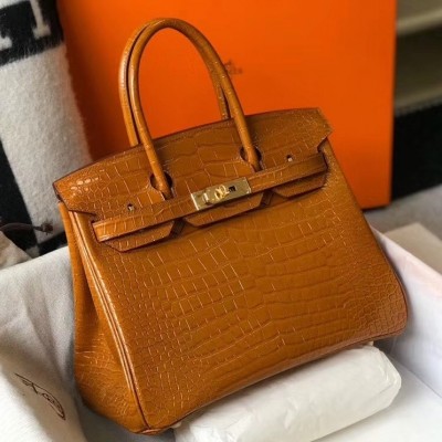 Hermes Birkin 25cm Bag In Gold Embossed Crocodile Leather LDBS241527