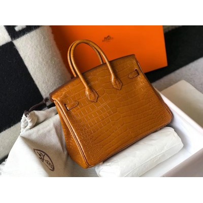 Hermes Birkin 25cm Bag In Gold Embossed Crocodile Leather LDBS241527