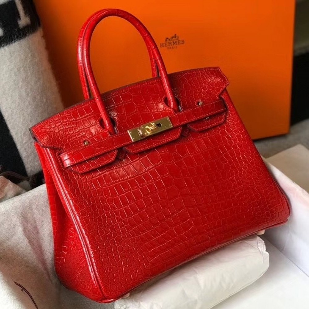 Hermes Birkin 25cm Bag In Red Embossed Crocodile Leather LDBS241534