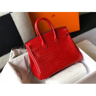 Hermes Birkin 25cm Bag In Red Embossed Crocodile Leather LDBS241534